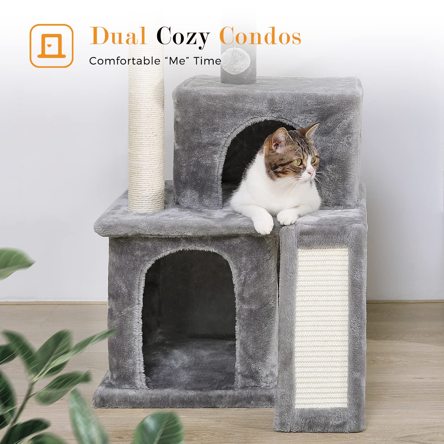 Pawz Road 34 Inches Cat Tree Multilevel Cat Tower With Double Condos, Spacious Perch, Fully Wrapped Scratching Sisal Post And Re